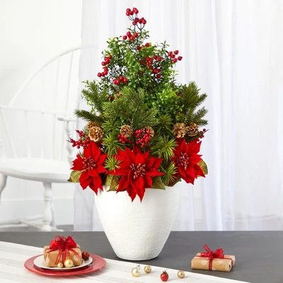 Nearly Natural 32-in Poinsettia, Boxwood And Succulent Artificial Arrangement In White Vase 3 Nearly Natural 32-in Poinsettia, Boxwood And Succulent Artificial Arrangement In White Vase - Image 3