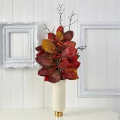 Nearly Natural 38-in Autumn Magnolia Leaf With Berries Artificial Plant In Cream Planter With Gold Base -Fresh Plant Store GUEST 3debef25 fae1 4769 b67b 1403eb8f8af7