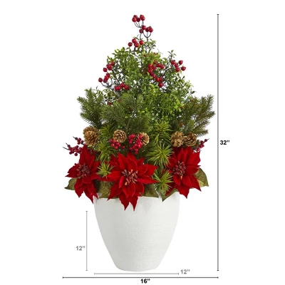 Nearly Natural 32-in Poinsettia, Boxwood And Succulent Artificial Arrangement In White Vase 1 Nearly Natural 32-in Poinsettia, Boxwood And Succulent Artificial Arrangement In White Vase