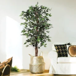Forever Leaf 60" Artificial Ficus Silk Tree In Black Pot, Indoor Artificial Plant For Home Decor