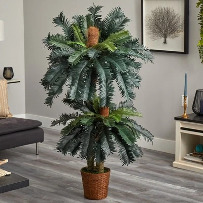 Nearly Natural 5-ft And 3-ft Double Sago Palm Artificial Tree With Basket 2 Nearly Natural 5-ft And 3-ft Double Sago Palm Artificial Tree With Basket - Image 2